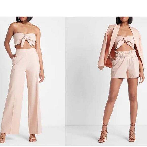 EXPRESS Linen-Blend Tie Front Bandeau Top / Crop Top in Pale Pink NWT (L + XL) - Picture 4 of 16